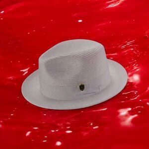 MONTIQUE MENS WHITE WIDE BRIM PINCH FEDORA HAT W/ MATCHING GROSGRAIN RIBBON H42